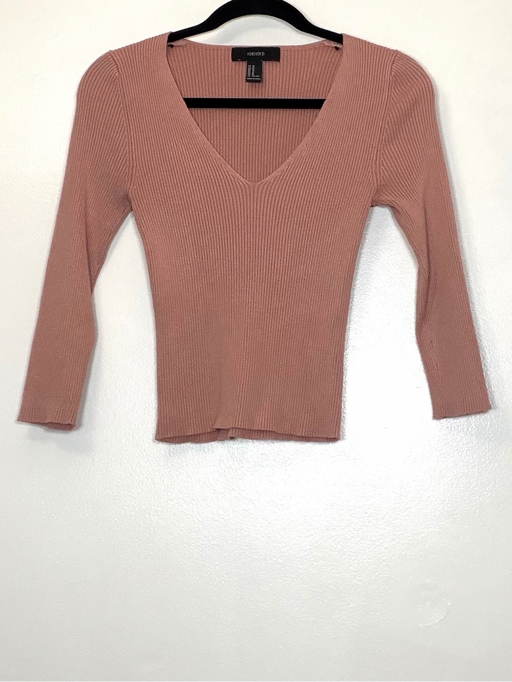 Forever 21 Mauve Ribbed V-Neck Long Sleeve Top